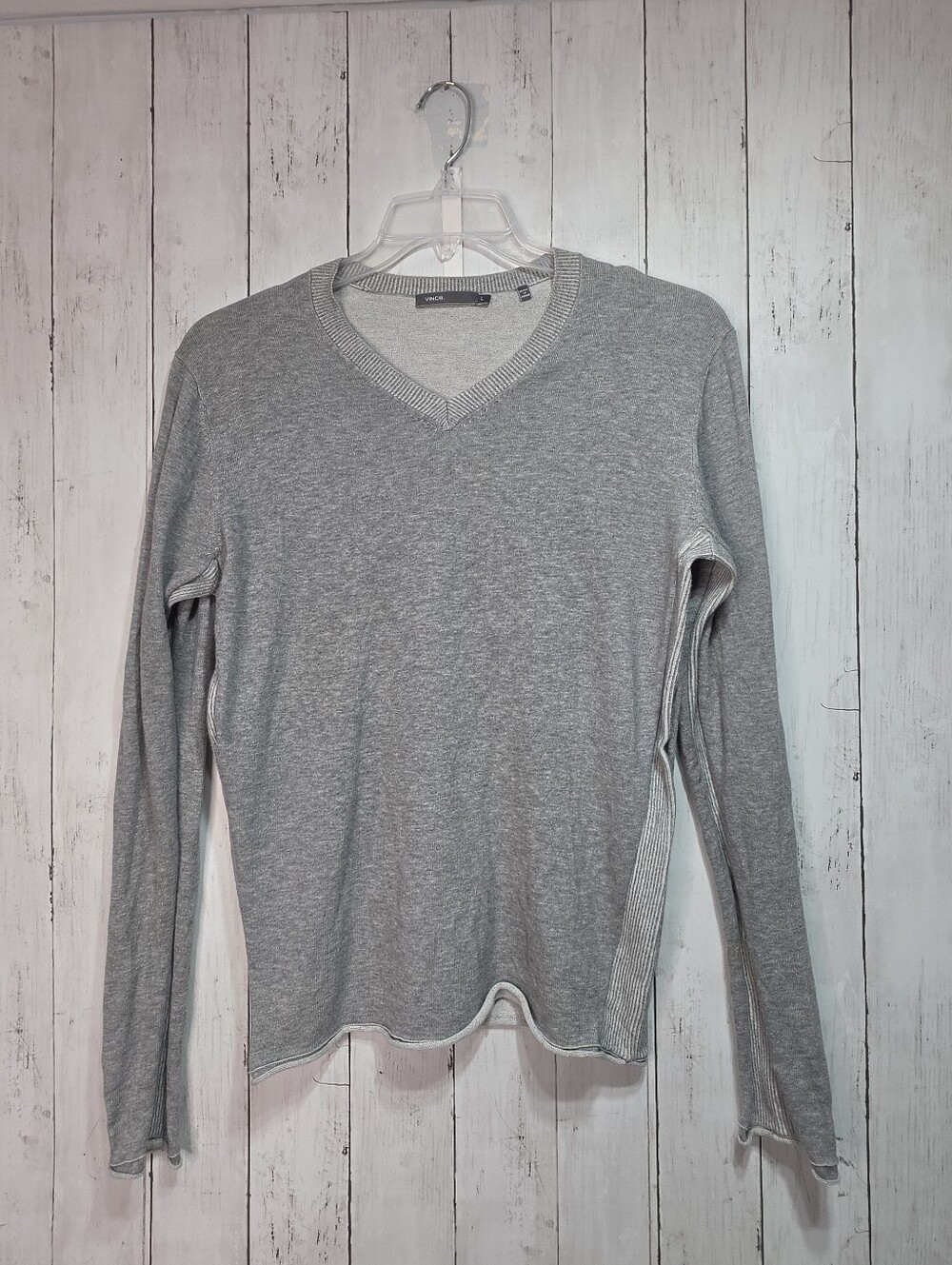 Vince Women's Gray Cotton Lightweight V-Neck Sweater Long Sleeve Size Large.
